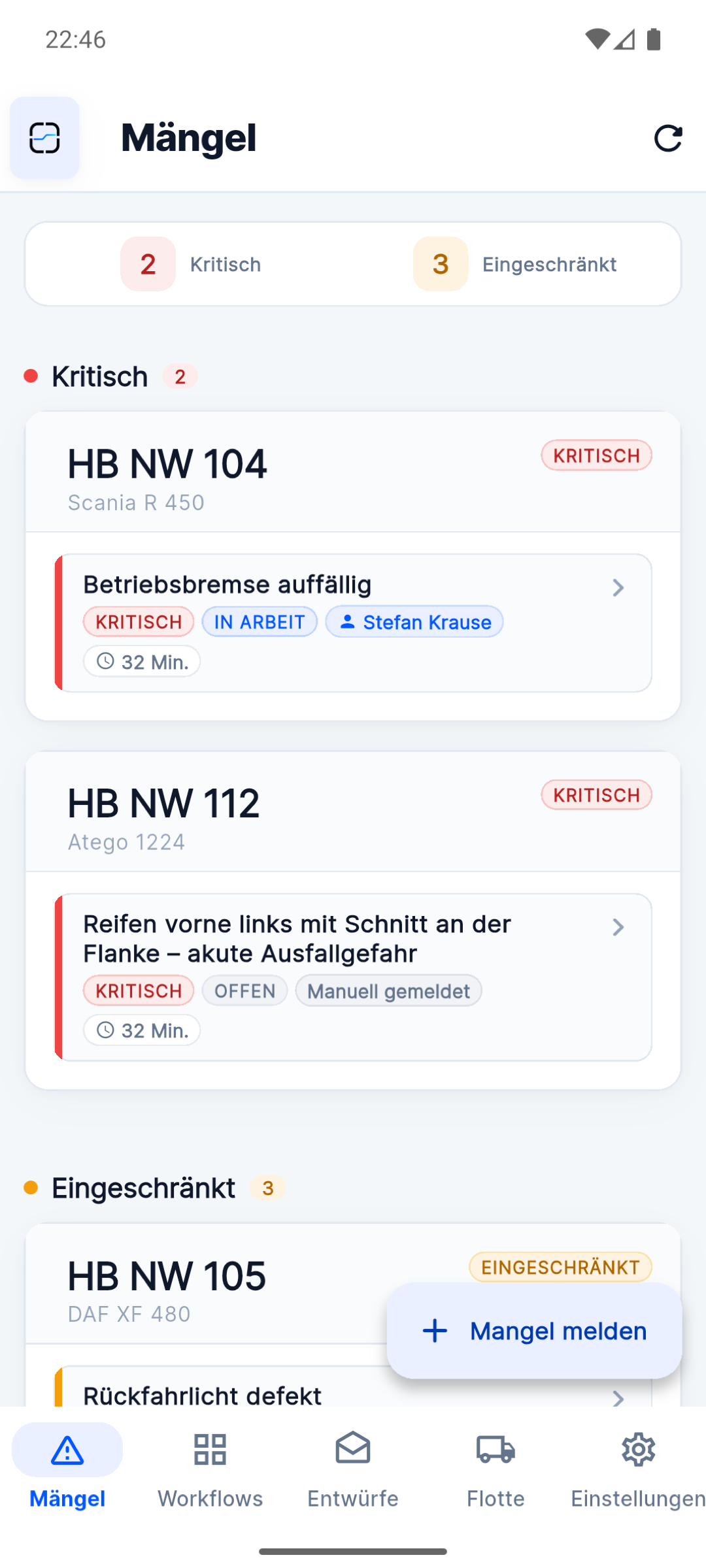 Ordo Werkstatt-App: Mängel-Dashboard mit kritischen und offenen Mängeln